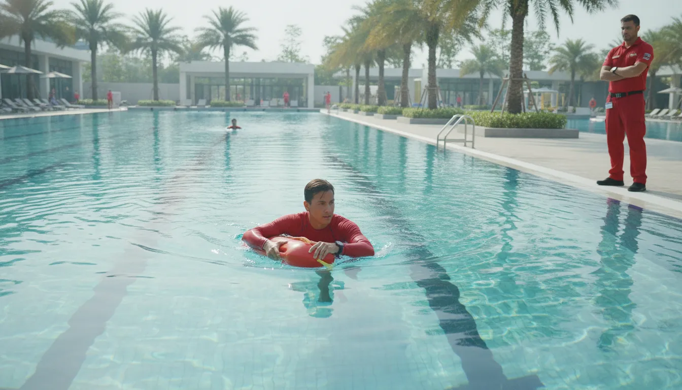Lifeguard entering a supervised pool during a coordinated response drill