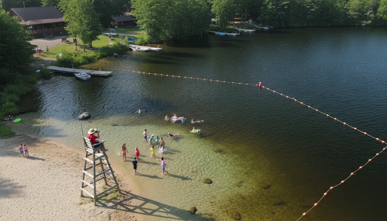 Aerial view of a murky lake at a summer camp waterfront showing the challenge of underwater visibility for lifeguards and camera systems