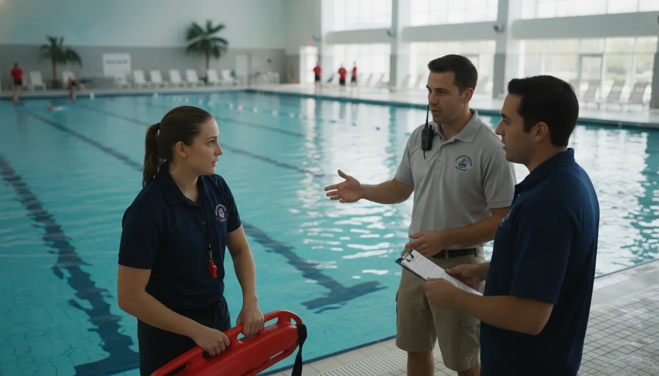 Aquatic staff coordinating a rescue response after a lifeguard entry alert