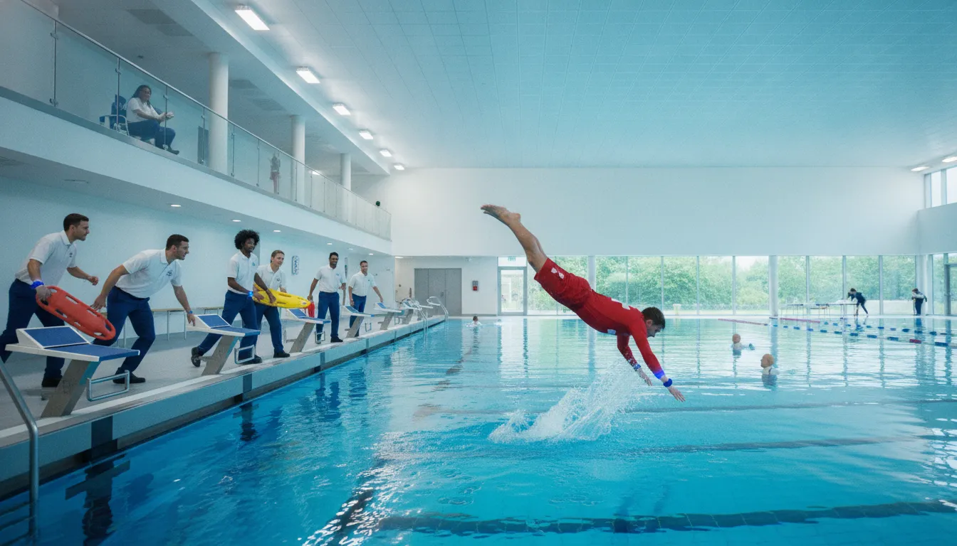 Aquatic facility emergency response technology drill with a coordinated lifeguard team