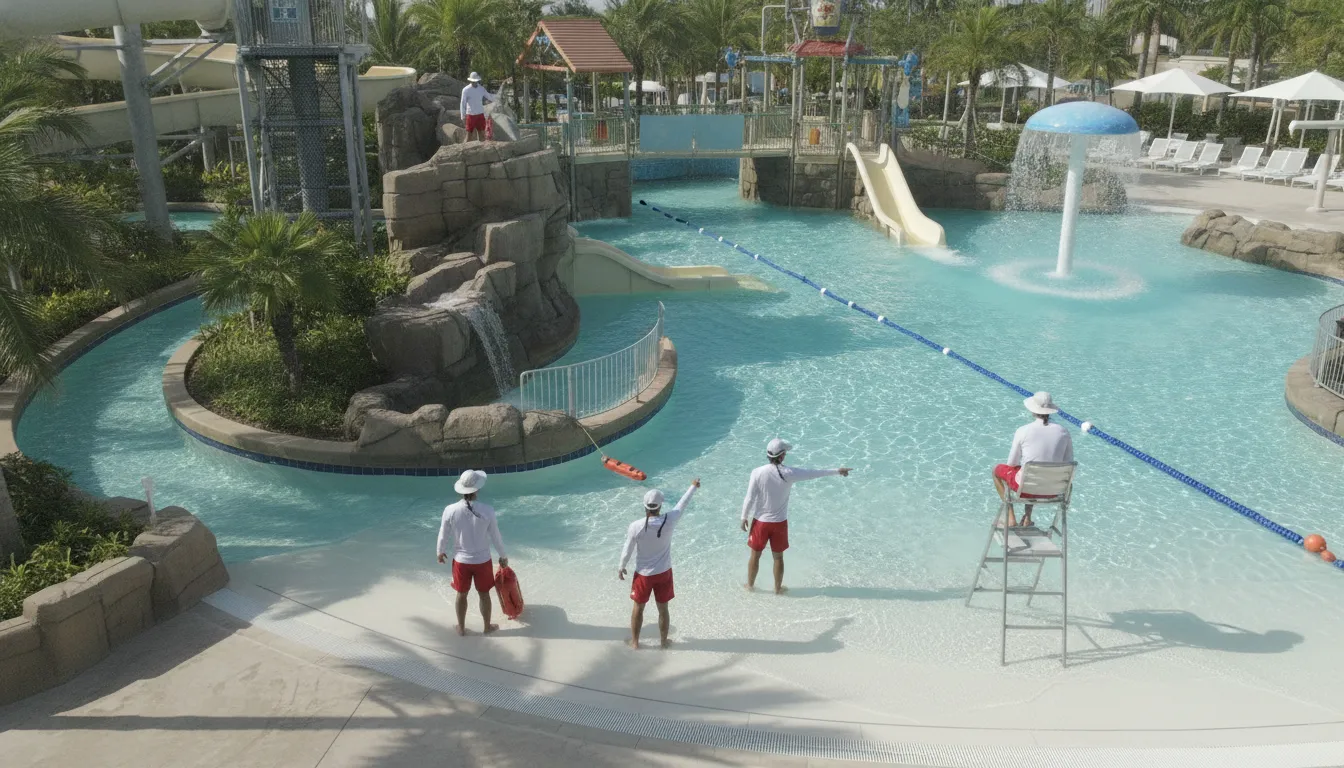 Lifeguards practicing a water park technology alert response