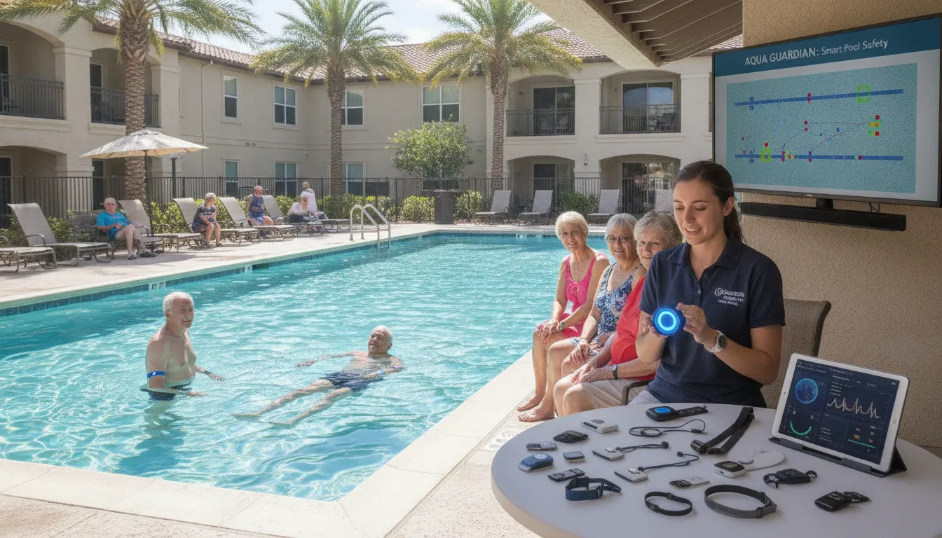 Pool safety monitoring system being demonstrated at an assisted living community pool with wearable technology