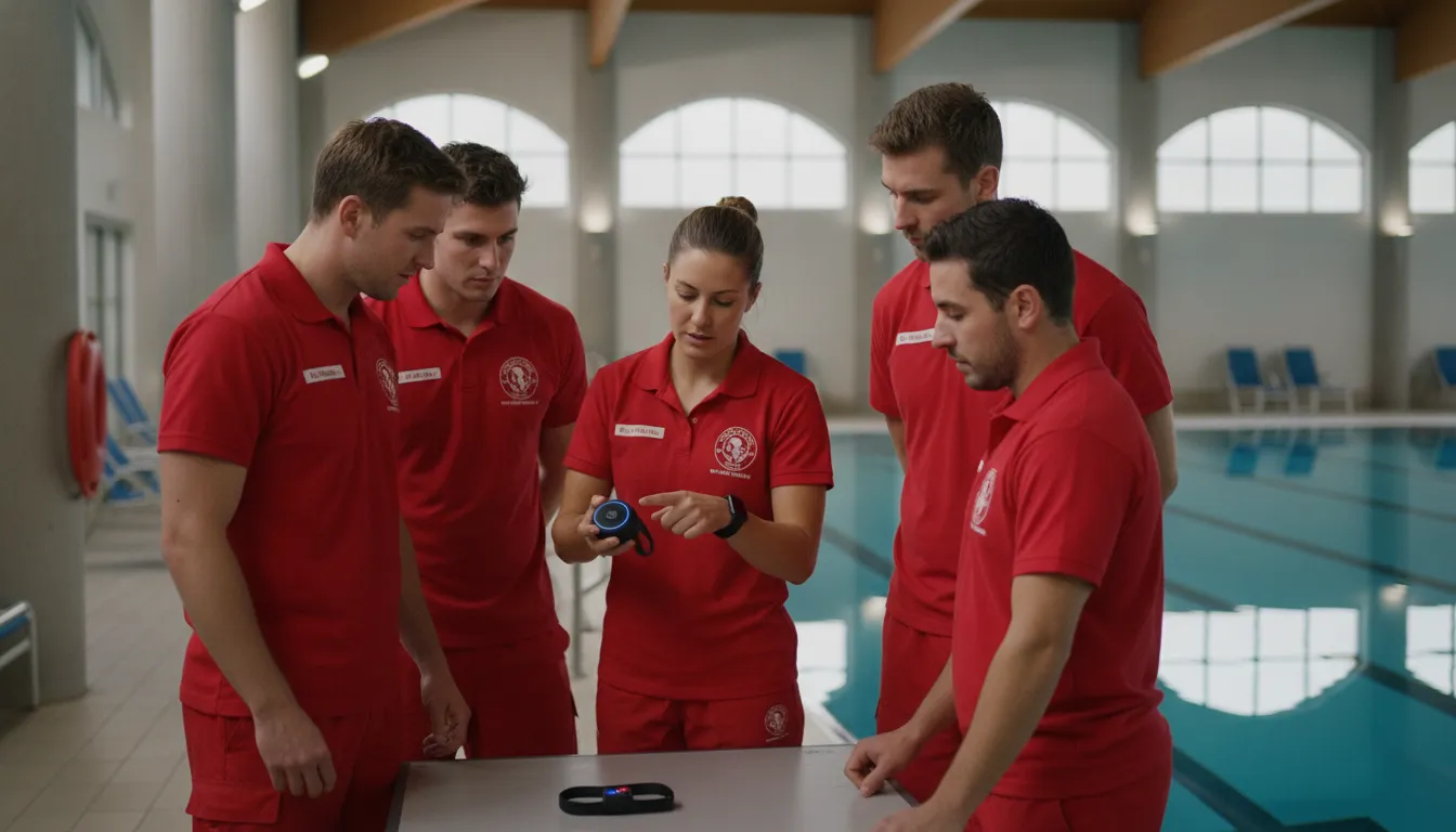 Lifeguard team reviewing a wearable safety alert