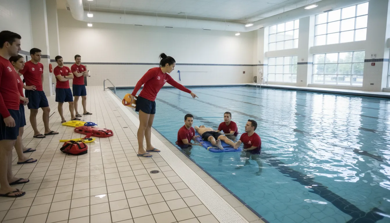 Aquatic safety staff practicing an emergency response drill