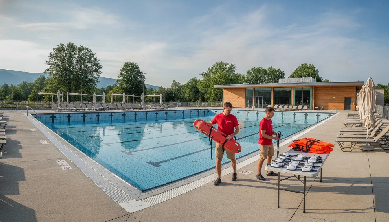 Lifeguard reviewing seasonal pool safety equipment beside a supervised pool