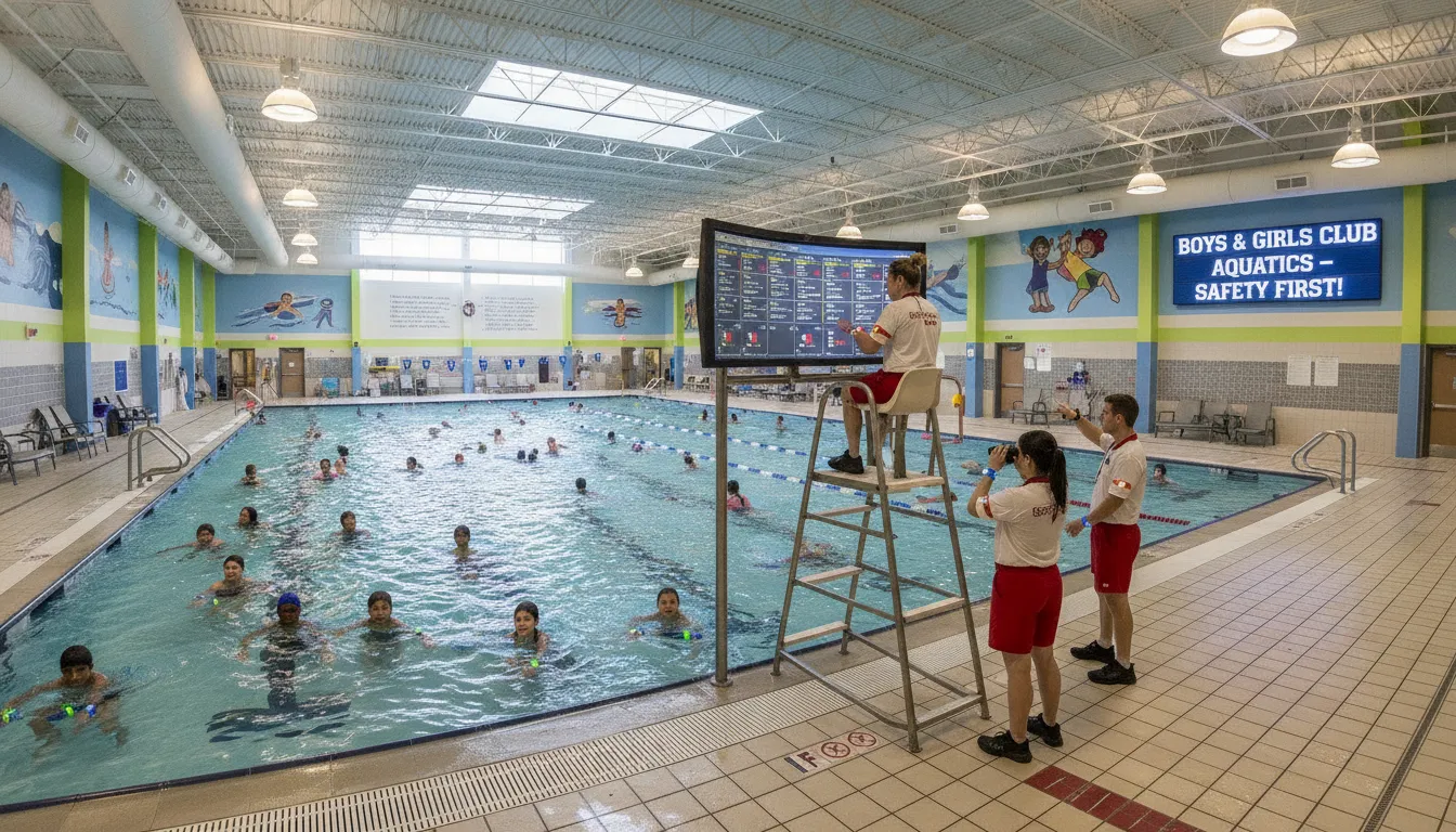 Boys and Girls Club pool with WAVE GUARDian Hub monitoring station and wearable swim safety sensors for children