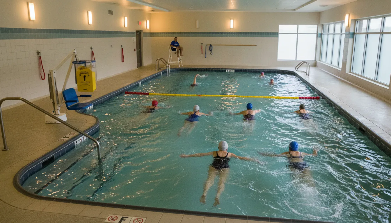 Senior residents swimming laps in a warm therapy pool at an assisted living facility