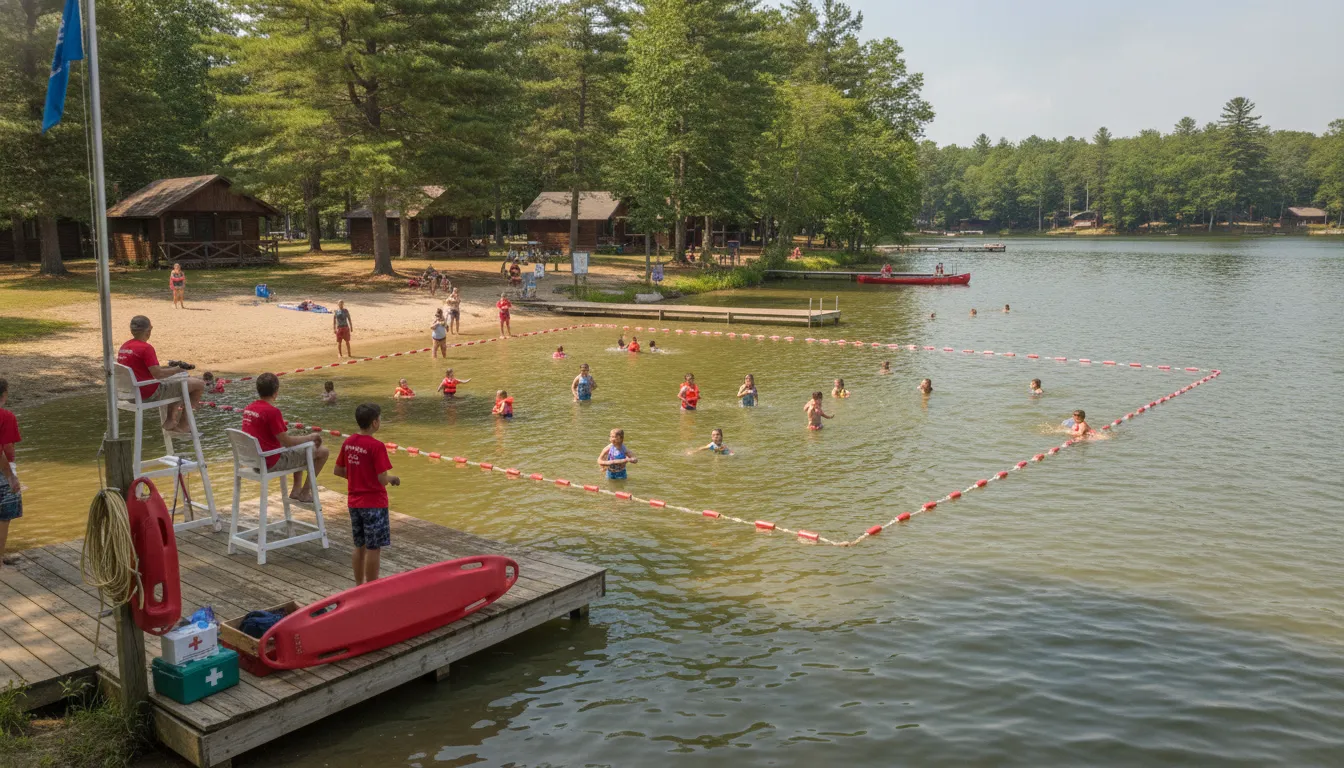 Lifeguards supervising swimmers at a summer camp lake waterfront