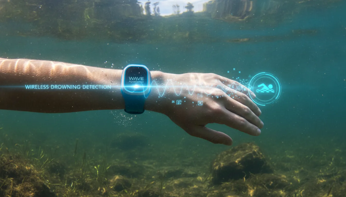 Close up of an AquaSense wearable wristband on a swimmer showing WAVE wireless drowning detection technology