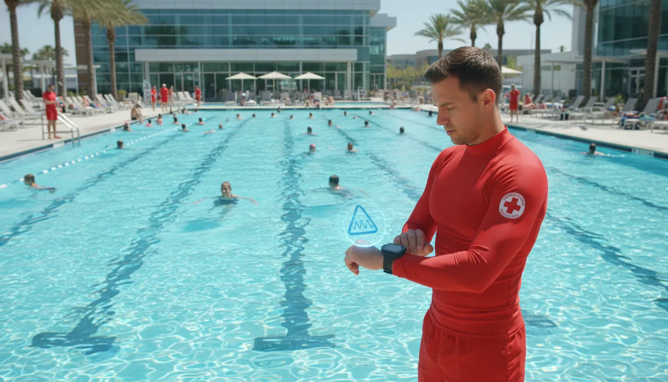 Lifeguard using a swimmer safety alert device at a busy community pool