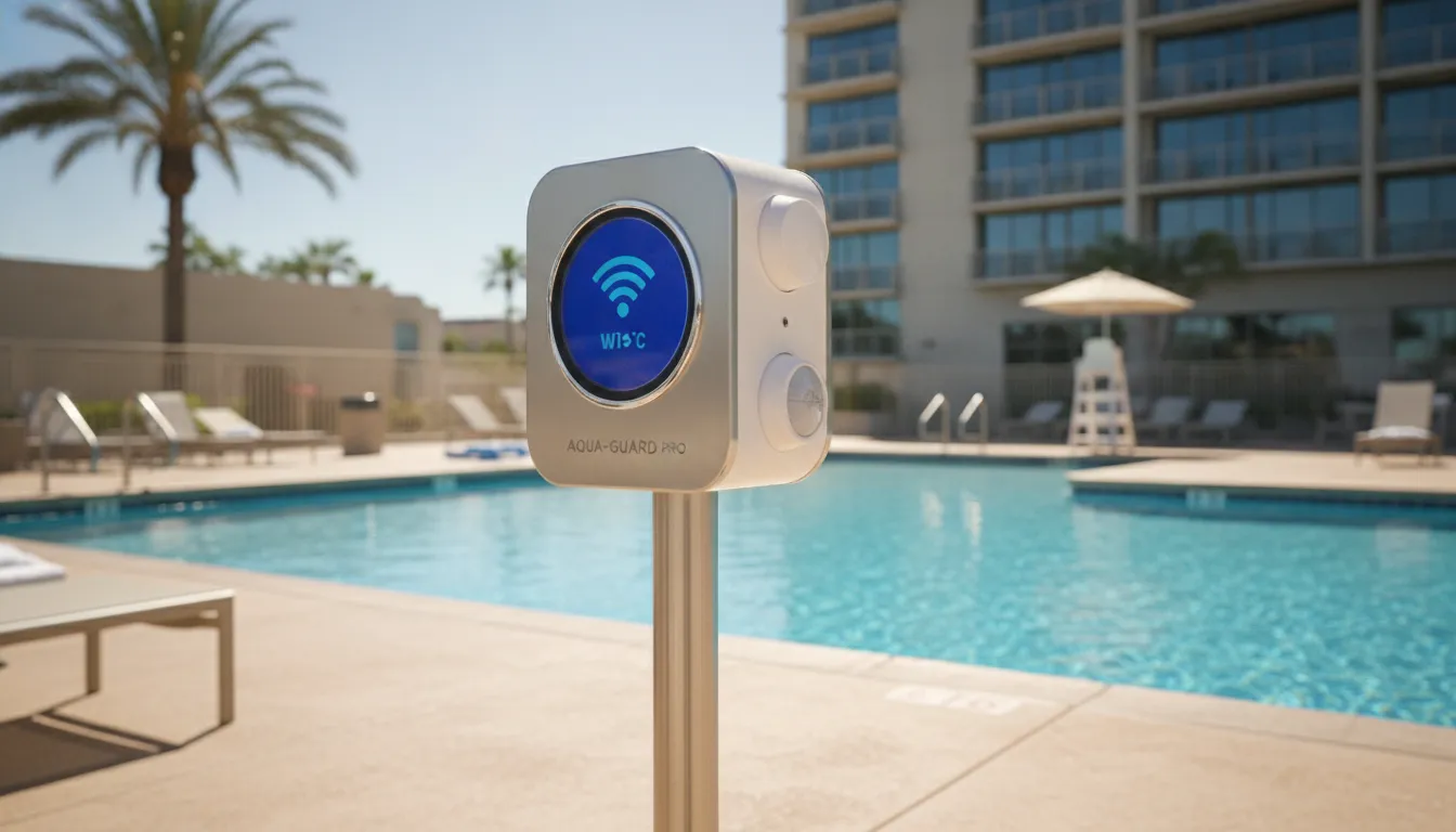 A wireless aquatic safety hub deployed on a commercial pool deck for inspection preparation