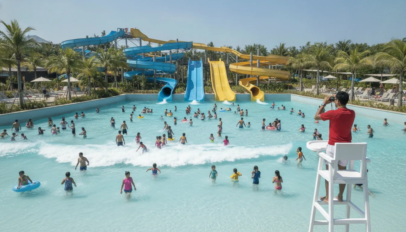 Aerial view of a busy water park with wave pool, slides, and swimmers