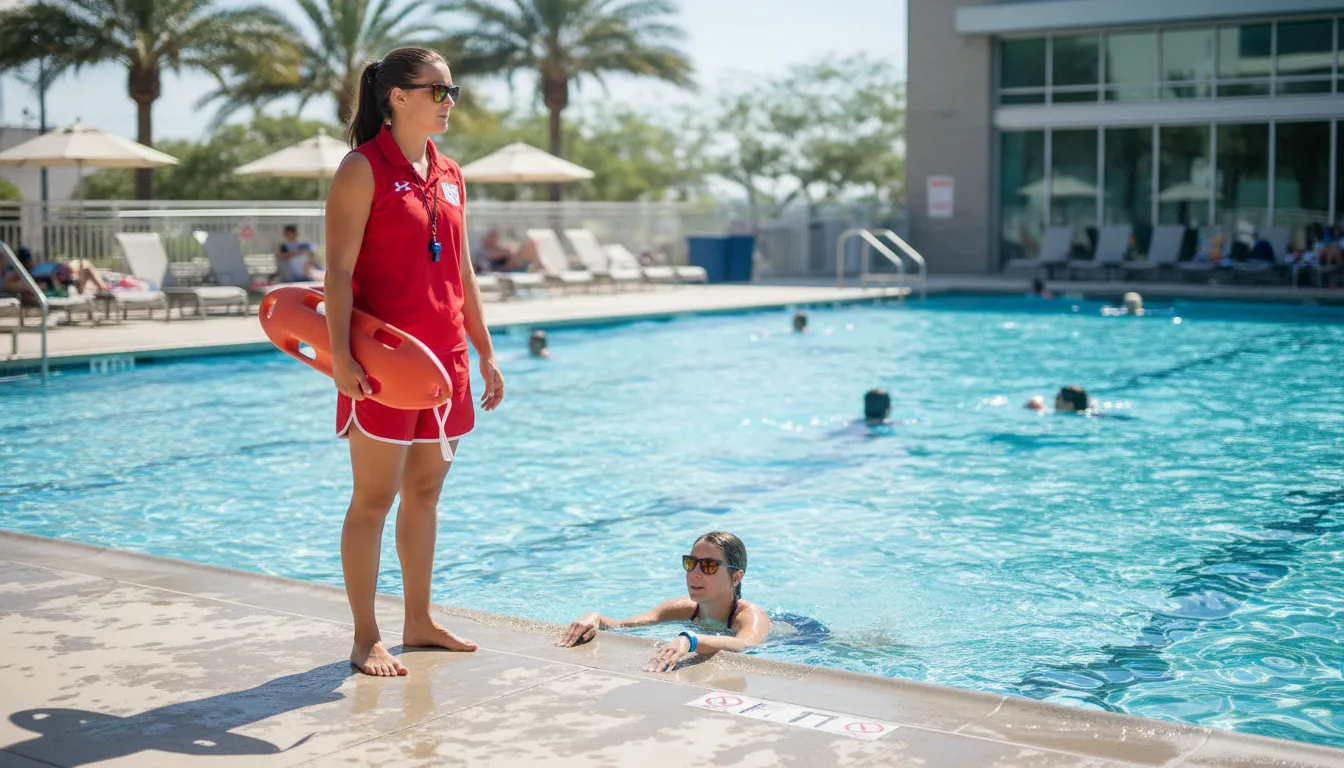 Lifeguard observing a swimmer wearing a small wristband at a public community pool