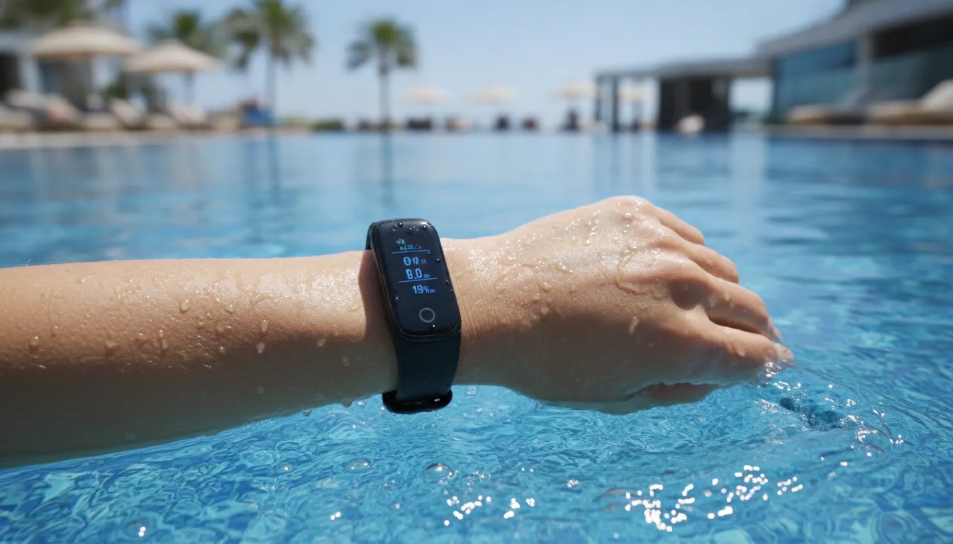 Hotel pool guest wearing a lightweight wristband tracker while swimming in a resort pool