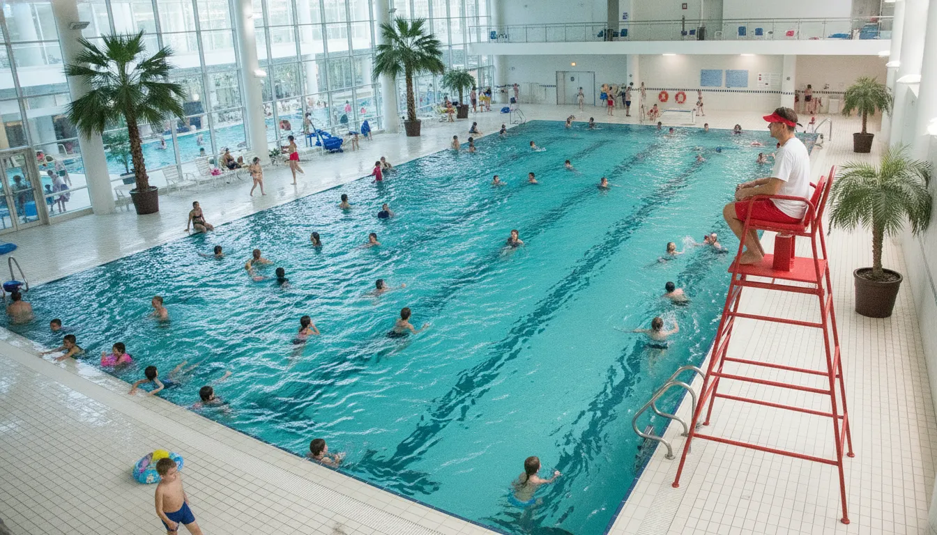 Lifeguard watching over swimmers in a busy indoor pool with natural light