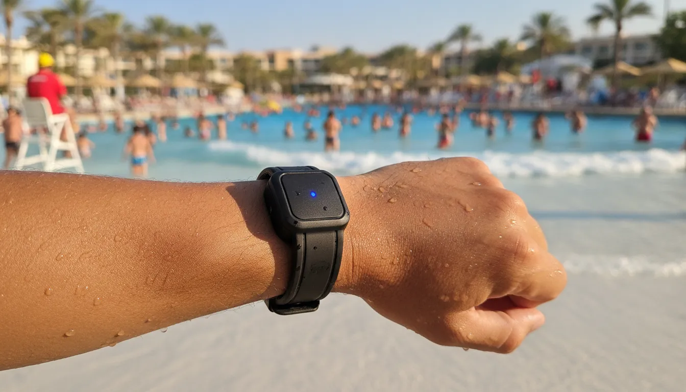 Lifeguard wearing a vibrating alert wristband while monitoring a water park wave pool