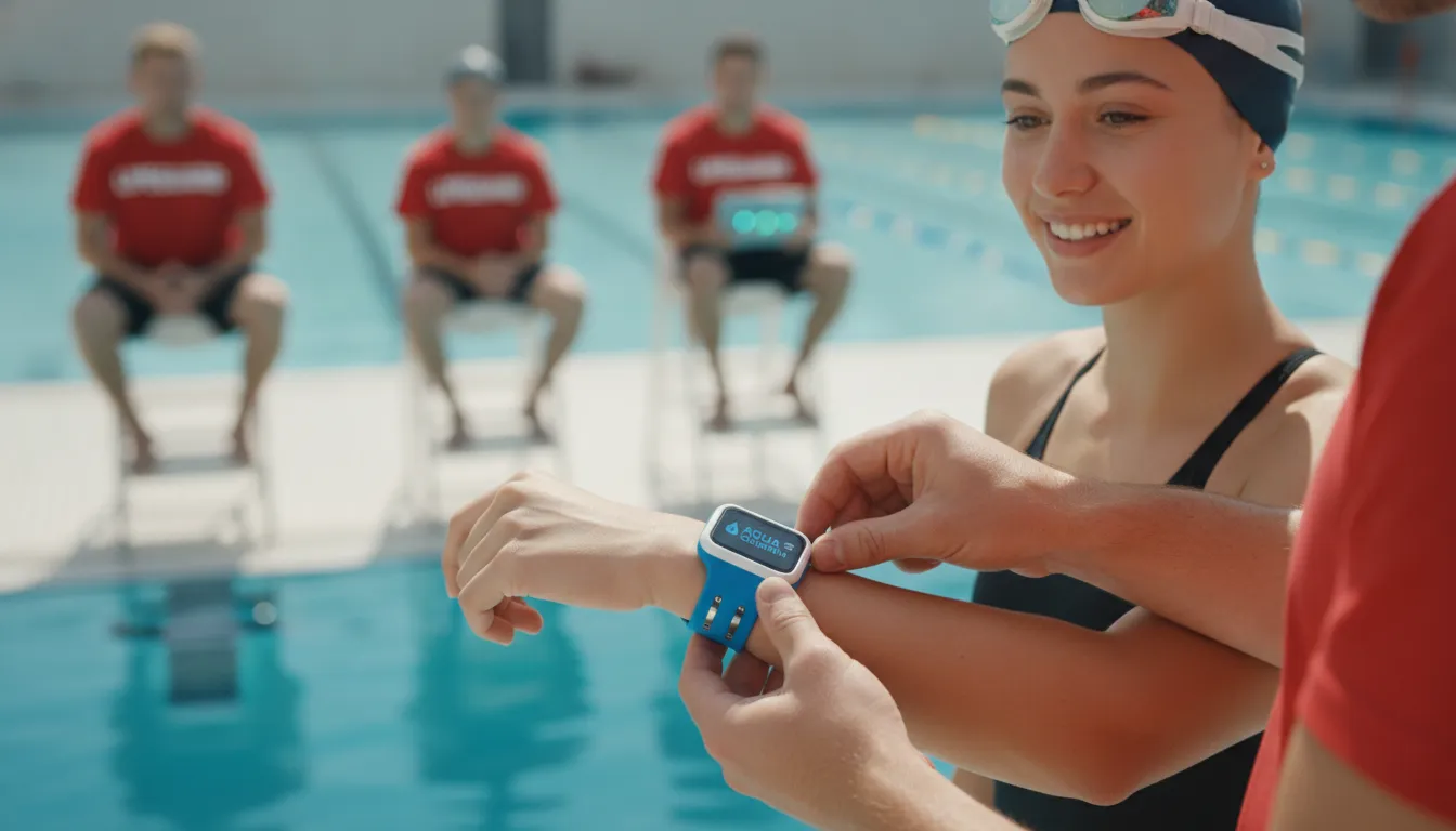 Swimmer wearing an IoT wearable sensor at a municipal pool with lifeguard monitoring