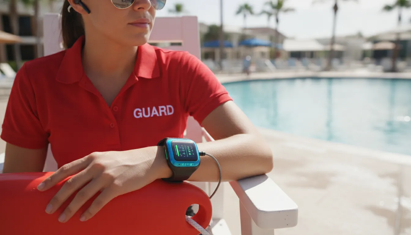 YMCA lifeguard wearing a vibrating alert wristband on duty at a community pool deck