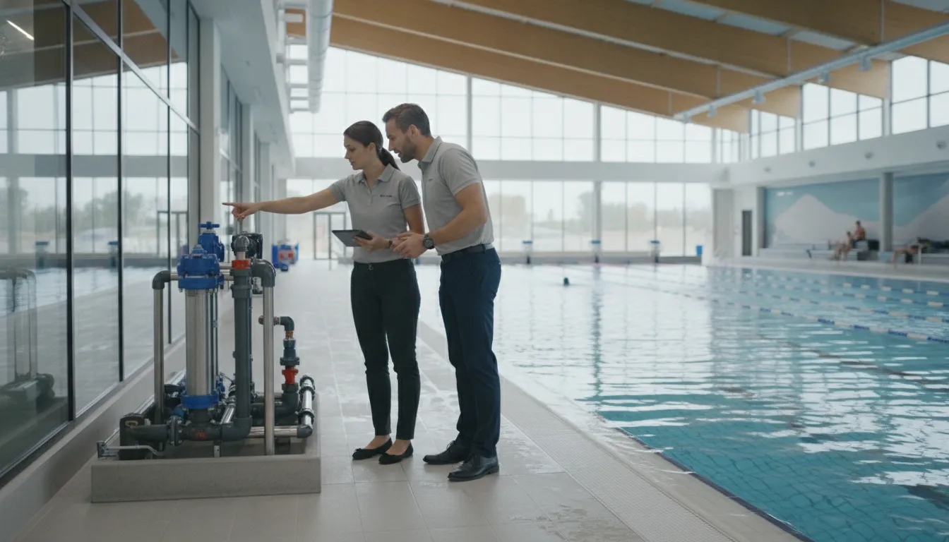Aquatic facility managers reviewing safety equipment at a modern natatorium