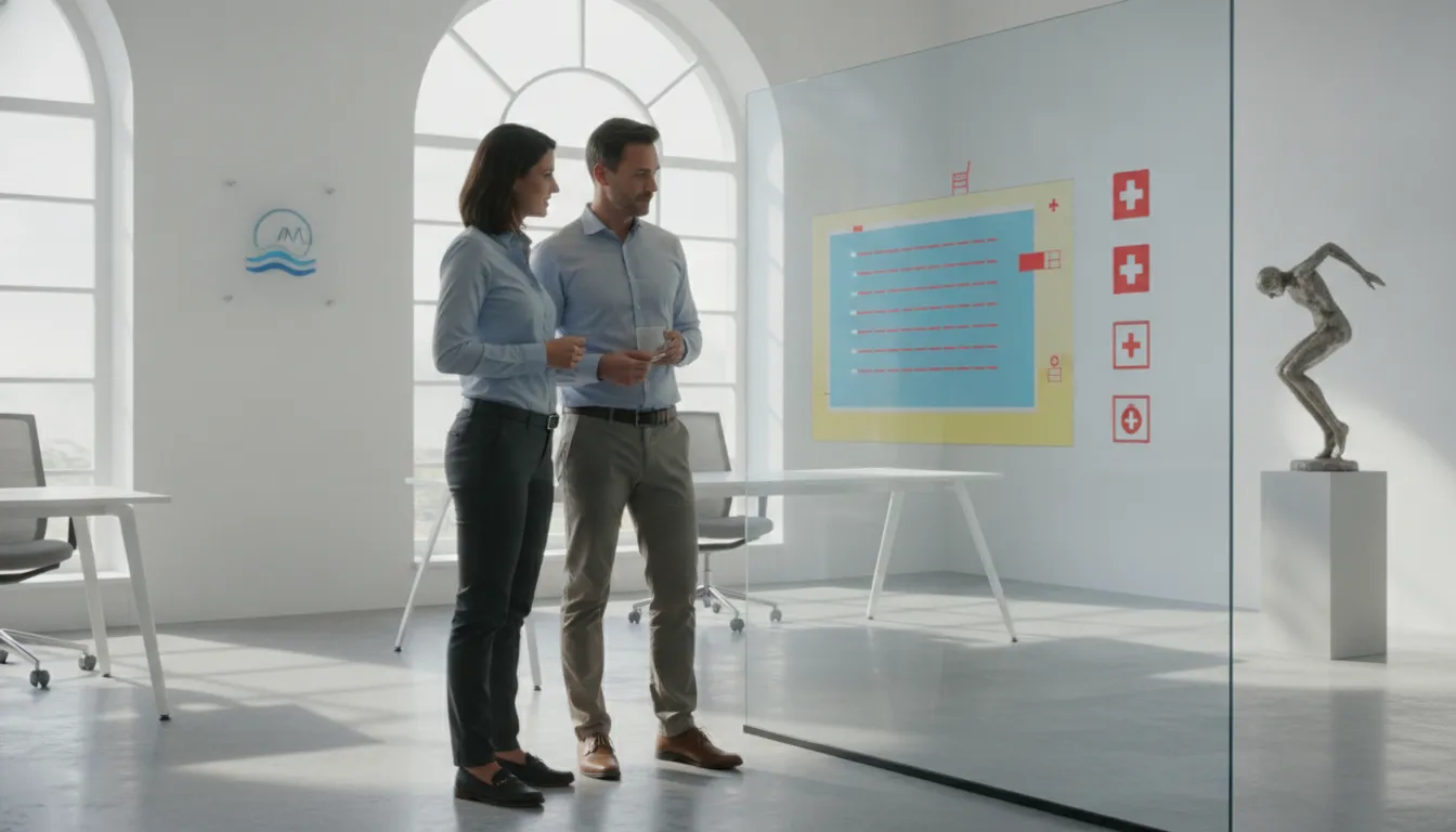 Two facility managers reviewing a pool safety overview at a modern recreation center office