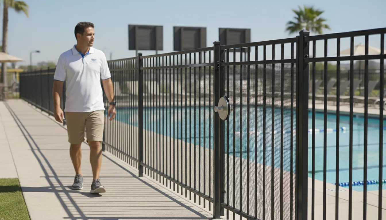 Pool safety manager reviewing a securely fenced community pool with controlled entry