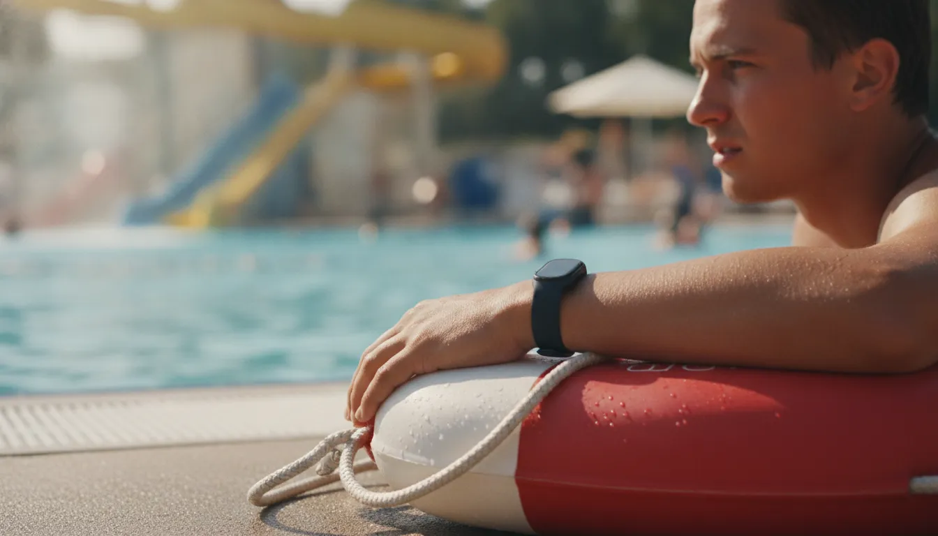 A vigilant lifeguard wearing a small wrist alert device on a sunny pool deck