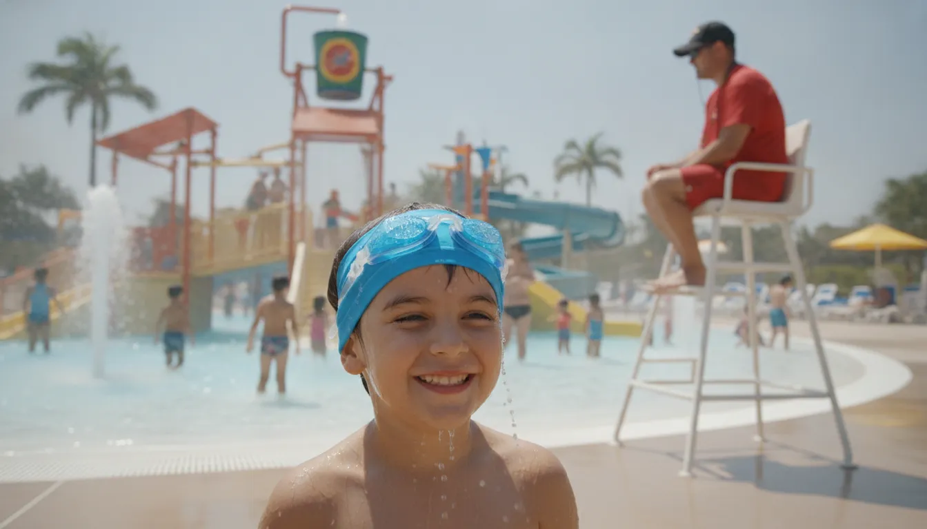 Child swimmer at a water park wearing a wearable detection device with lifeguard supervising