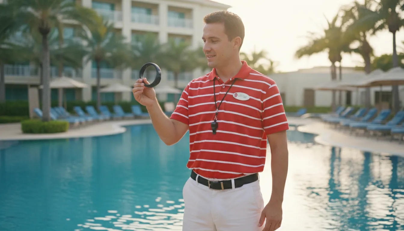 Hotel pool attendant holding a vibrating alert bracelet by a resort swimming pool