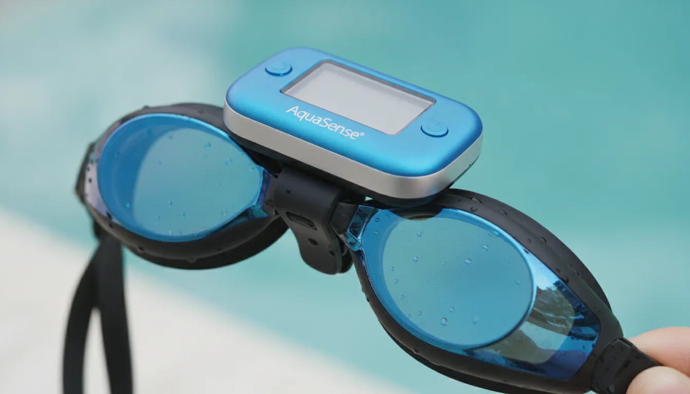WAVE AquaSense swimmer wearable being clipped onto a pair of swim goggles