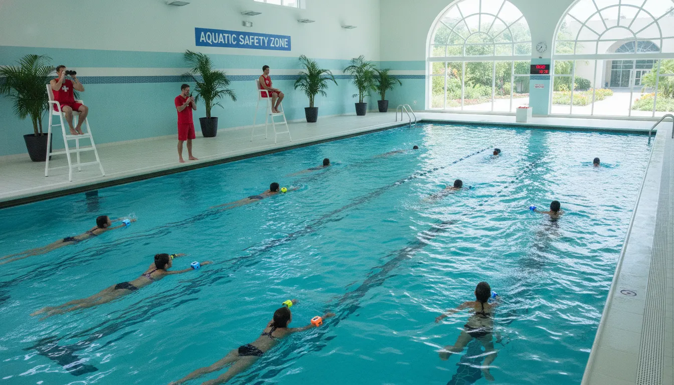 Swimmers wearing AquaSense aquatic safety wearables during supervised pool time