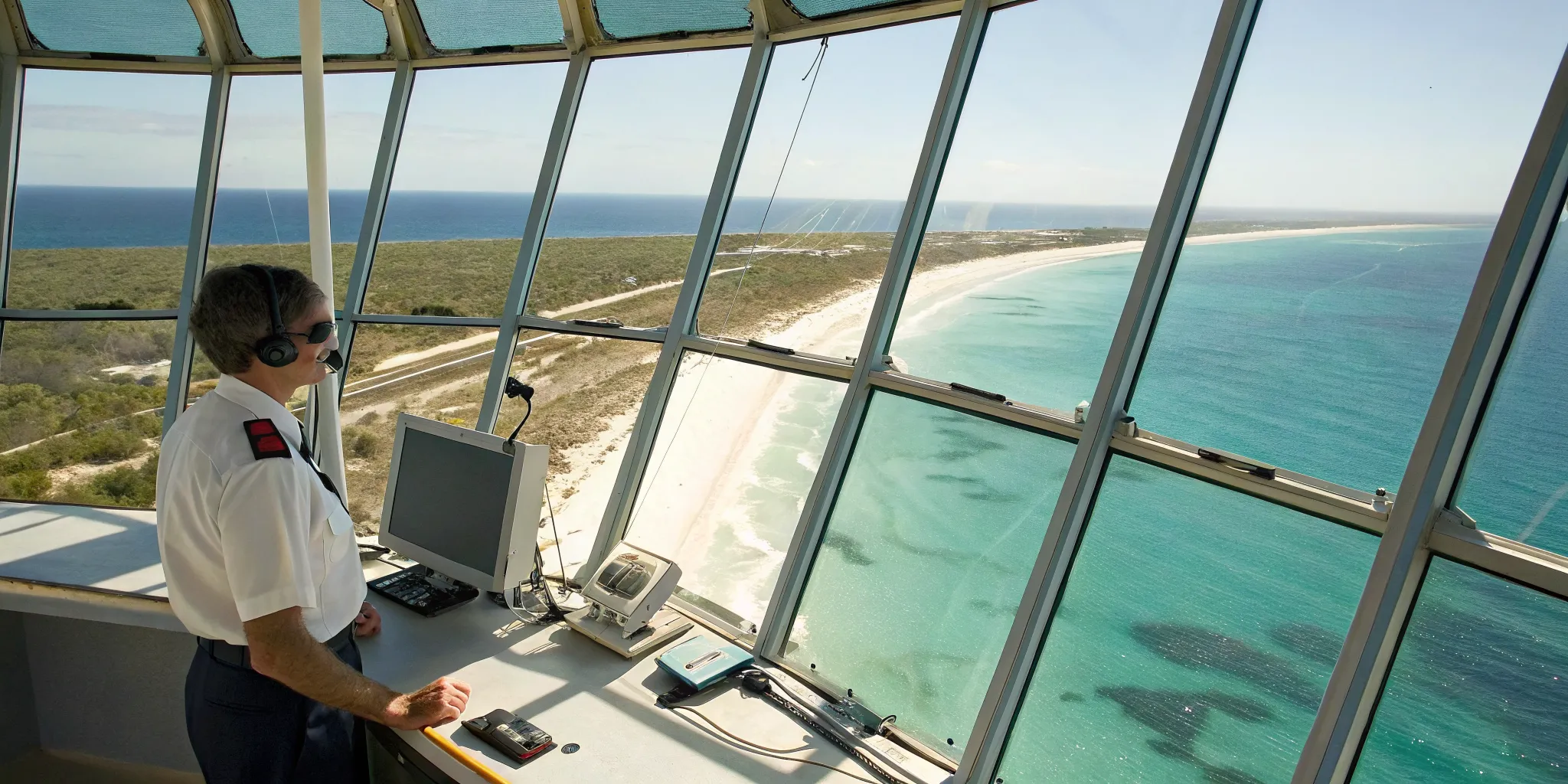 Lifeguard using assistance technology in a tower to enhance beach safety.
