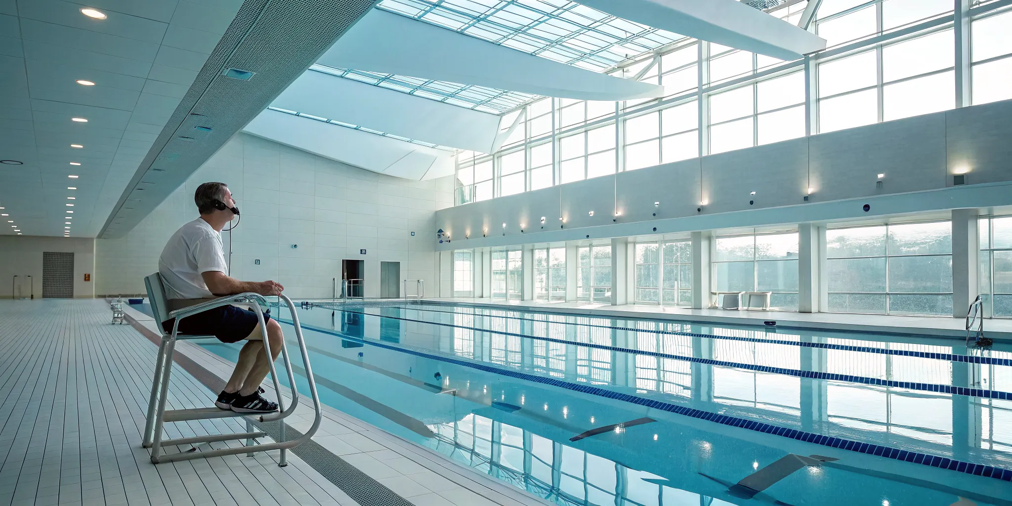 Lifeguard using a drowning alert system to monitor swimmers in a pool.