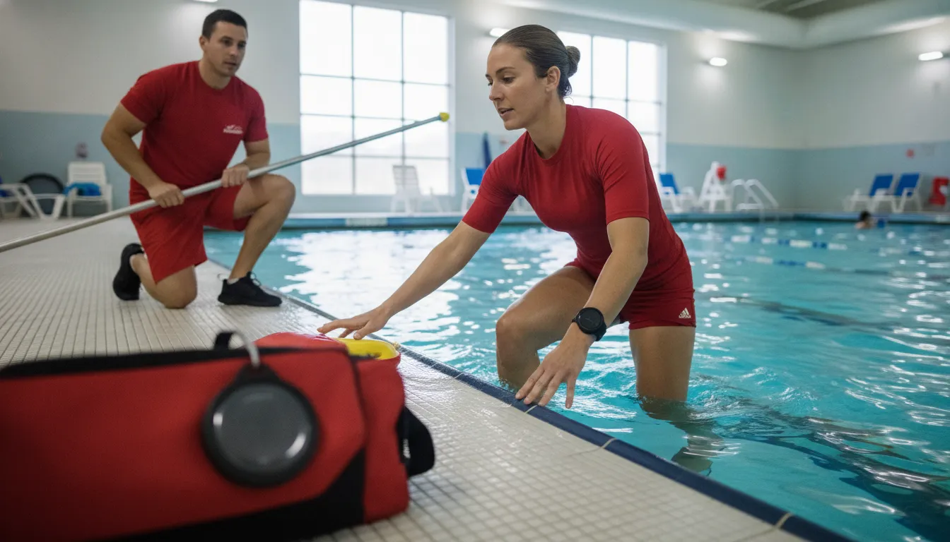 Lifeguard entry alert supporting a coordinated water rescue at an indoor pool