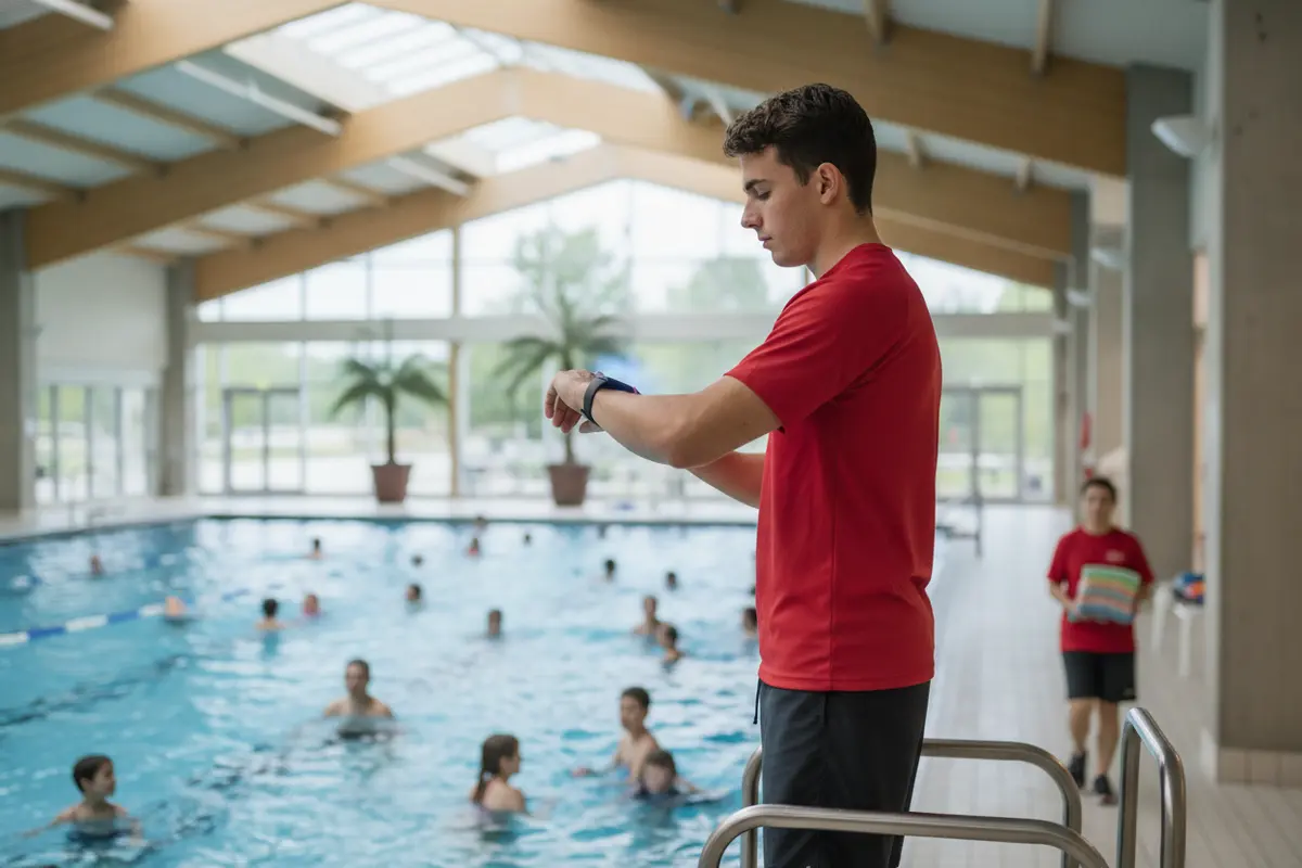 Lifeguard receiving an alert while continuing active supervision at a community pool