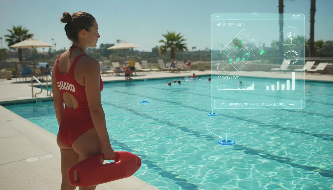 Professional lifeguard at a community pool scanning the water with modern safety technology