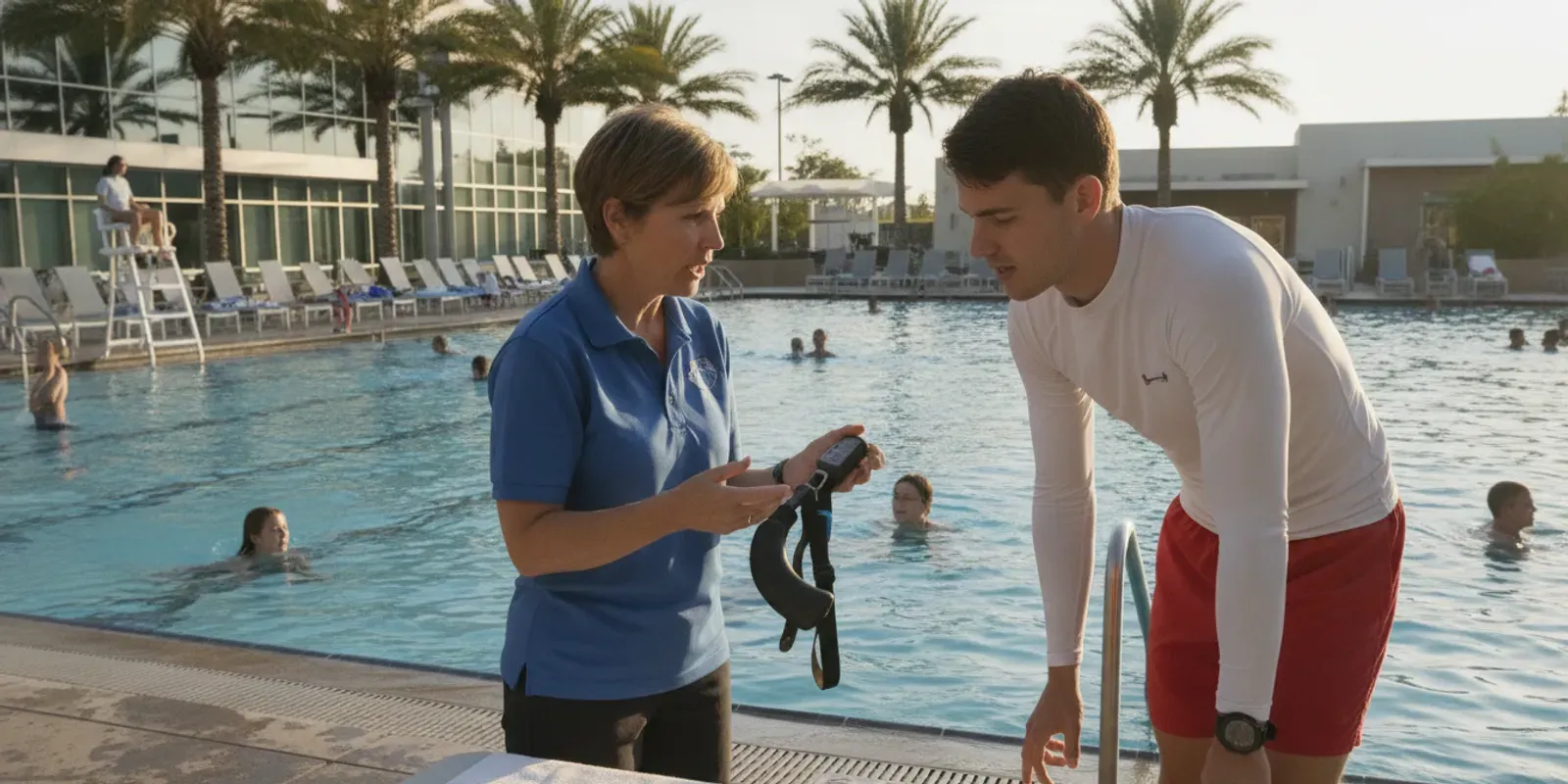Aquatics director and lifeguard reviewing wearable safety equipment beside a pool