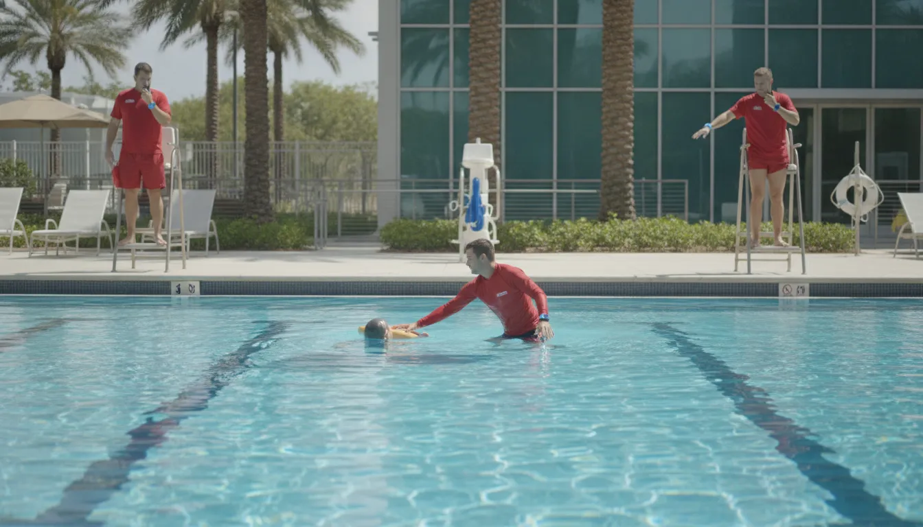 Lifeguard entering a pool as teammates coordinate water-entry alerts