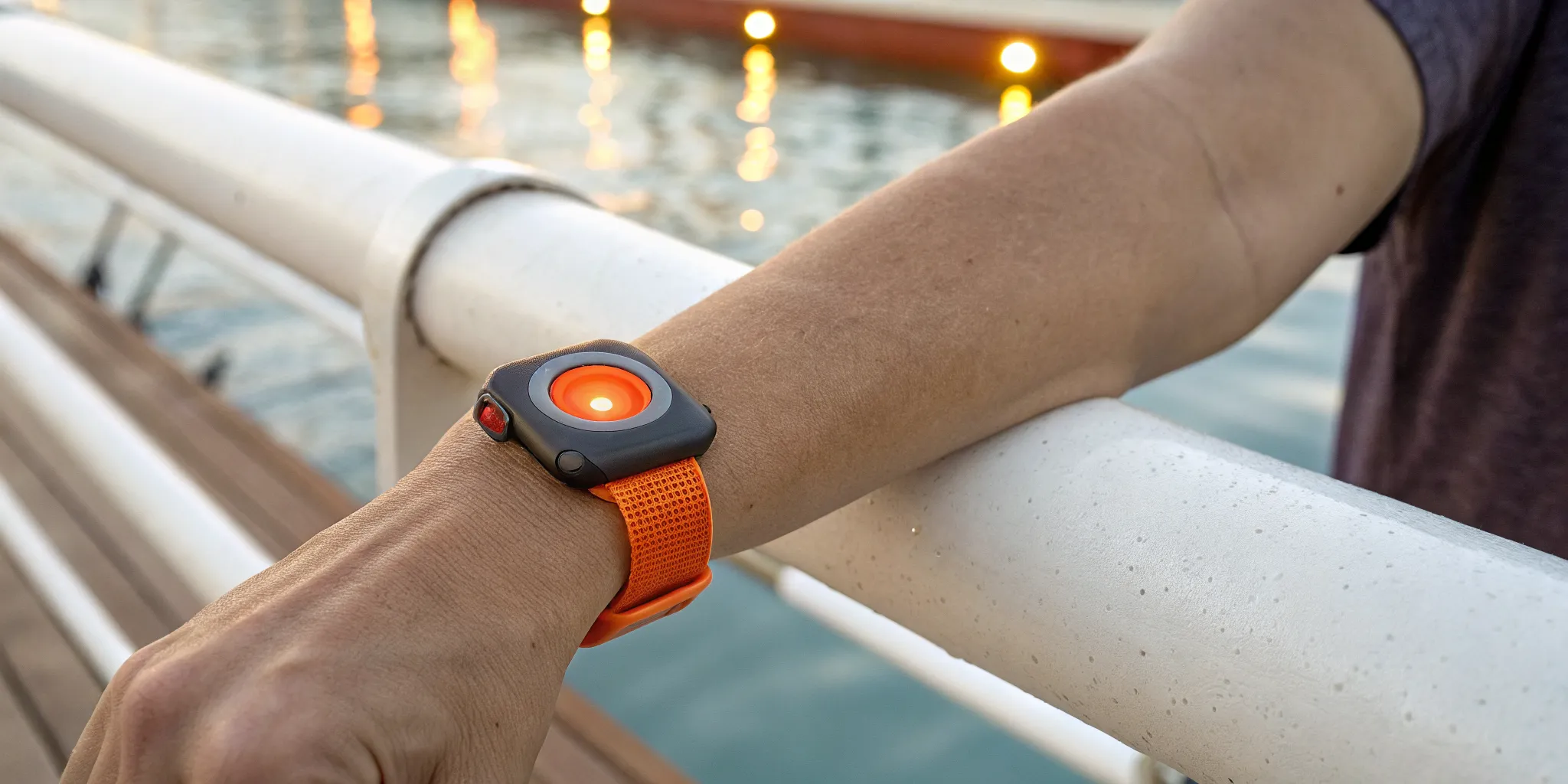 Lifeguard wearing a waterproof wearable alert device while monitoring the pool.