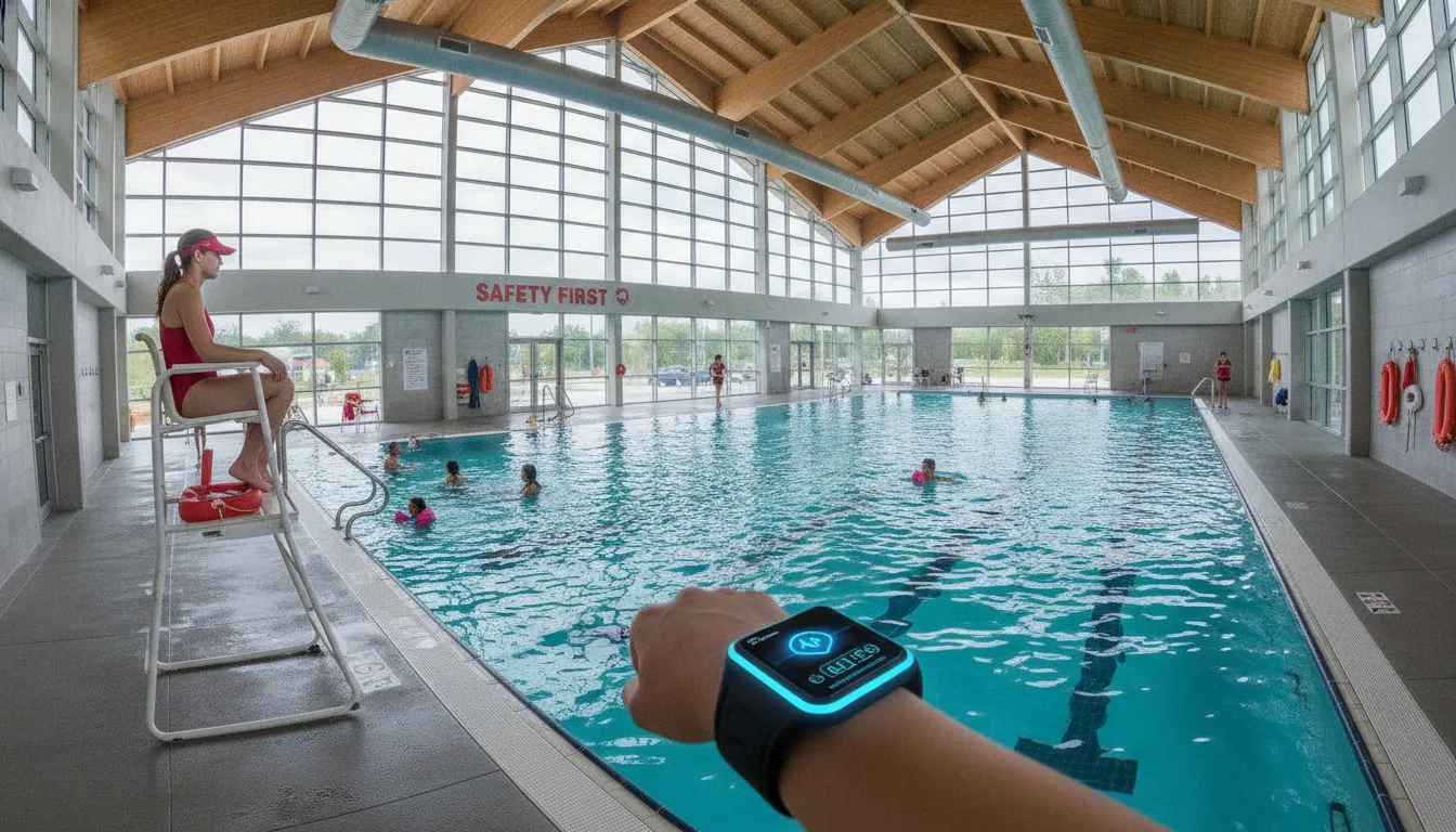 Lifeguard on duty at an indoor community pool wearing a smart wristband with swimmers in the background