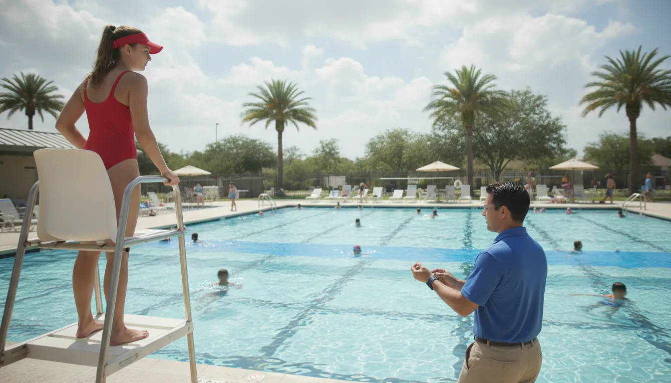 Lifeguard using layered pool safety technology during an outdoor aquatic operation