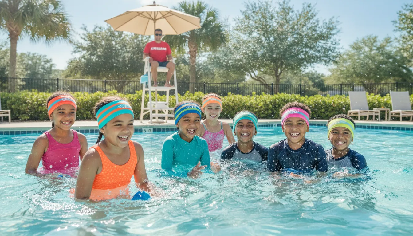 Children at summer camp wearing AquaSense water safety wearables in the pool while supervised by a lifeguard.