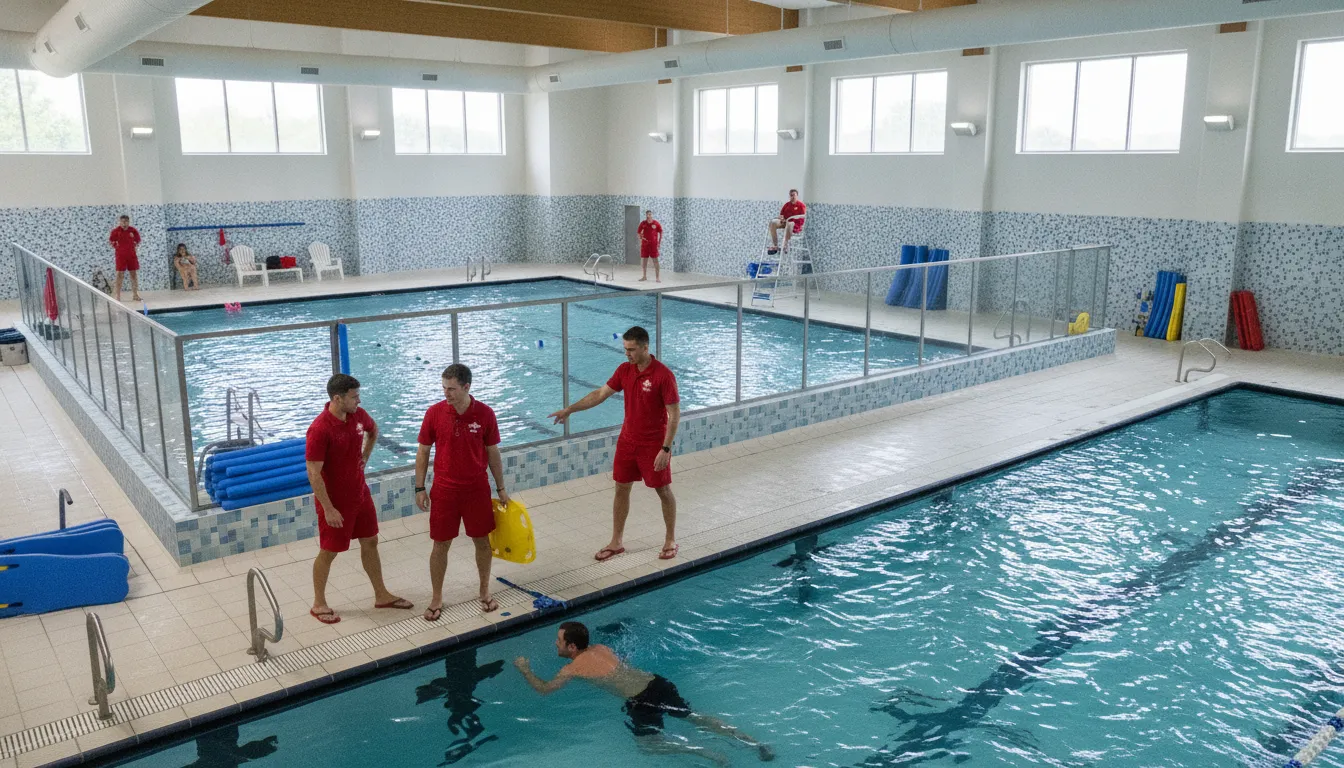 Municipal aquatic center lifeguards testing wearable staff alerts during a multi-pool response drill