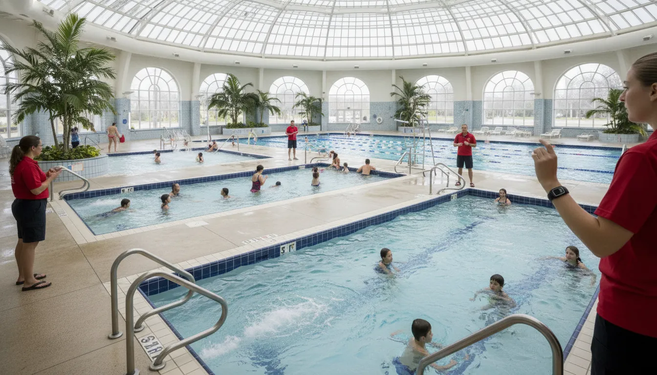 Lifeguards using municipal aquatic center safety technology during supervised public swim