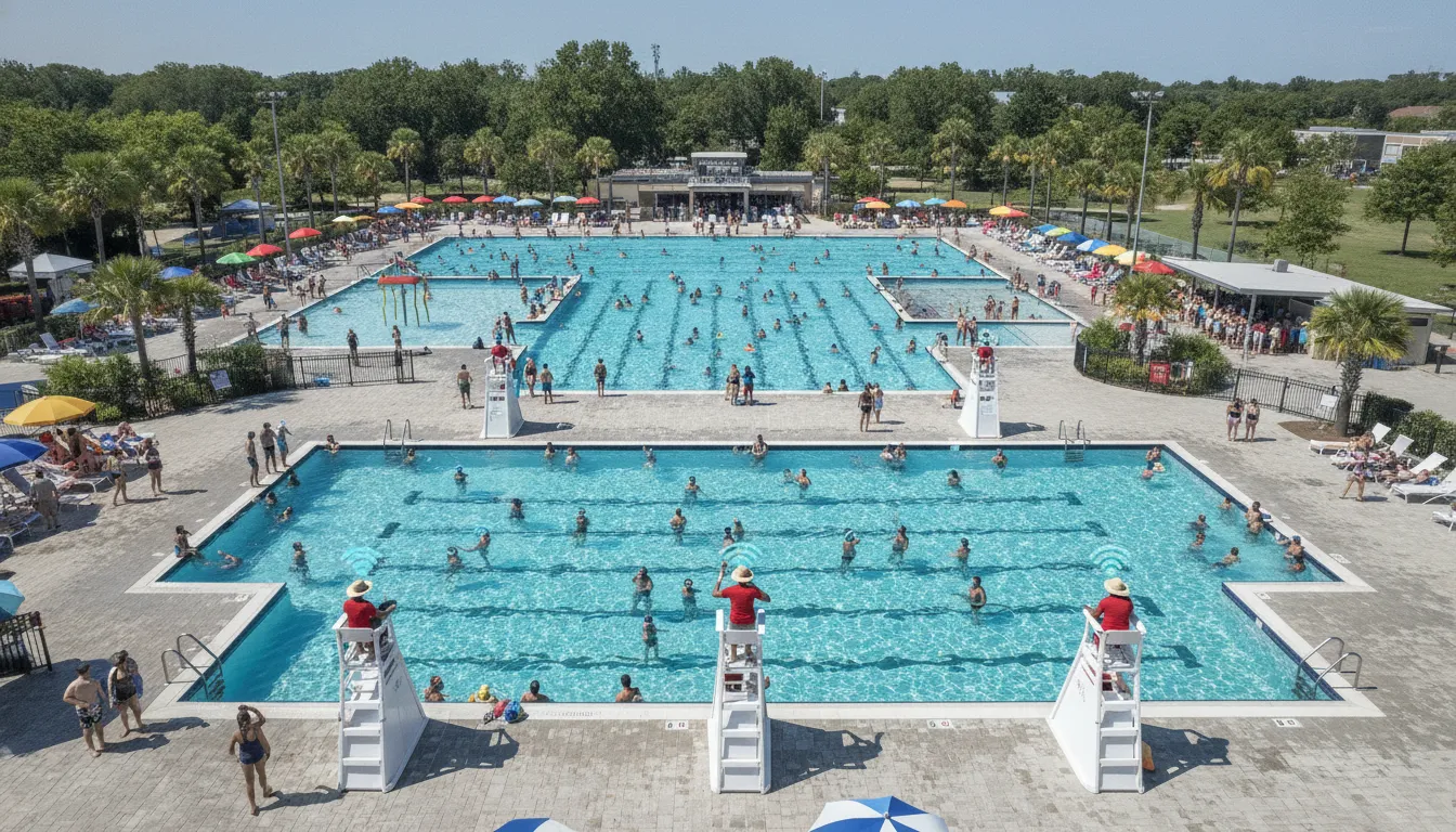 Municipal pool with lifeguards and IoT drowning detection technology