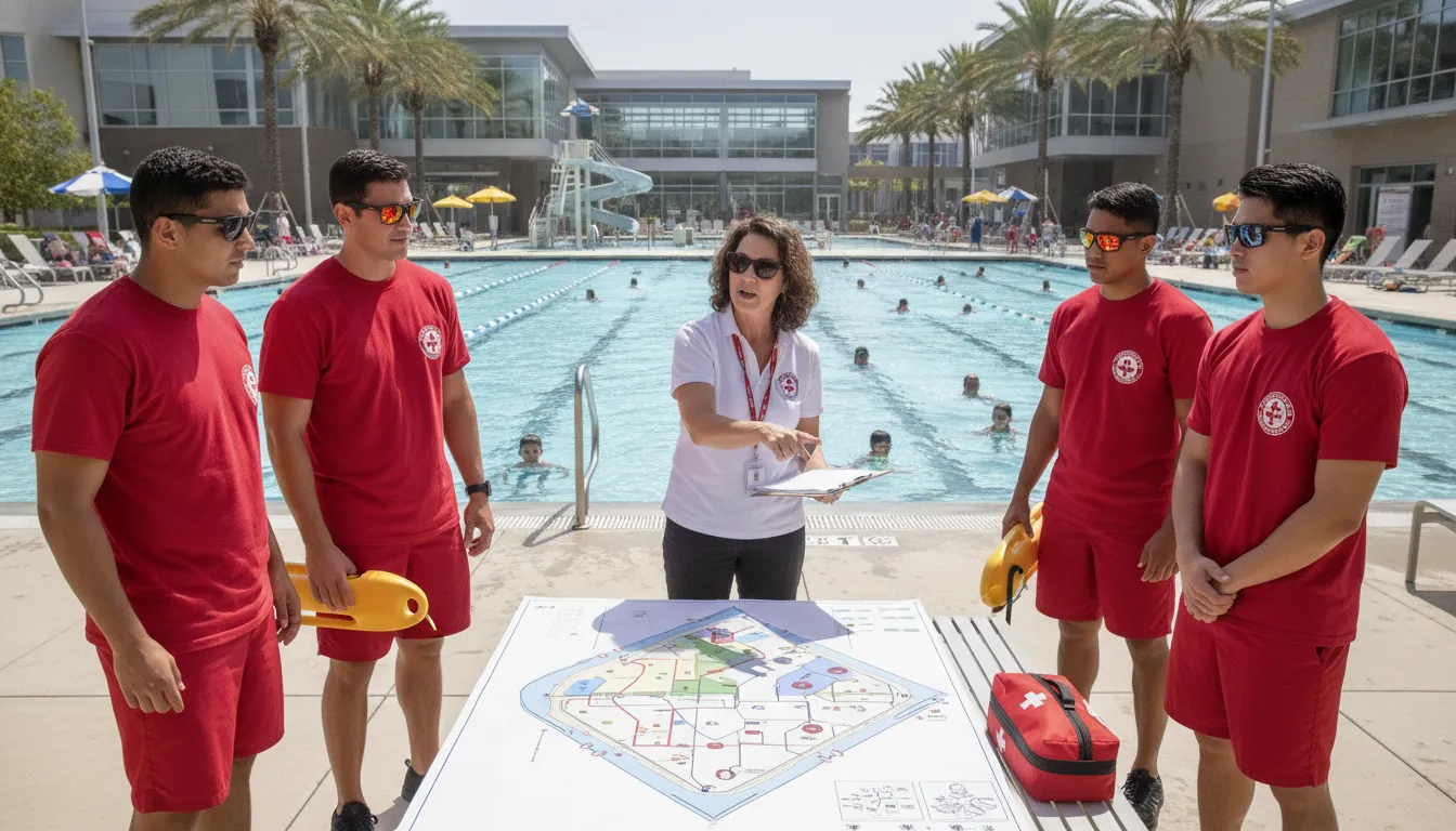 Municipal aquatics director reviewing pool safety deployment with lifeguards