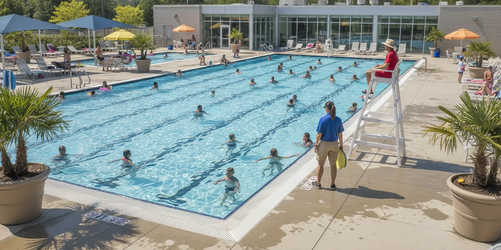 Municipal pool lifeguard scanning the water as swimmers use a public facility