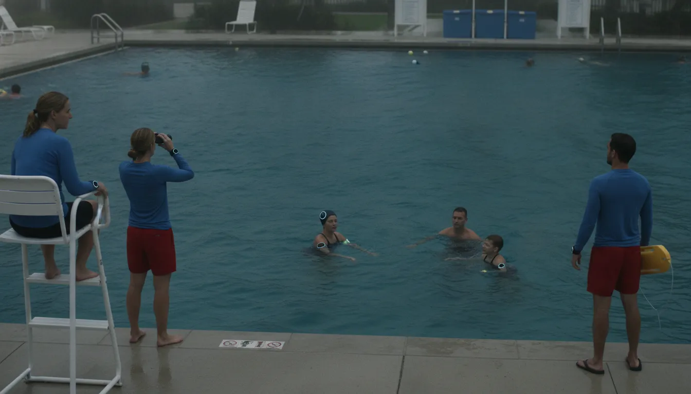 Aquatics safety team monitoring a supervised pool with cloudy water
