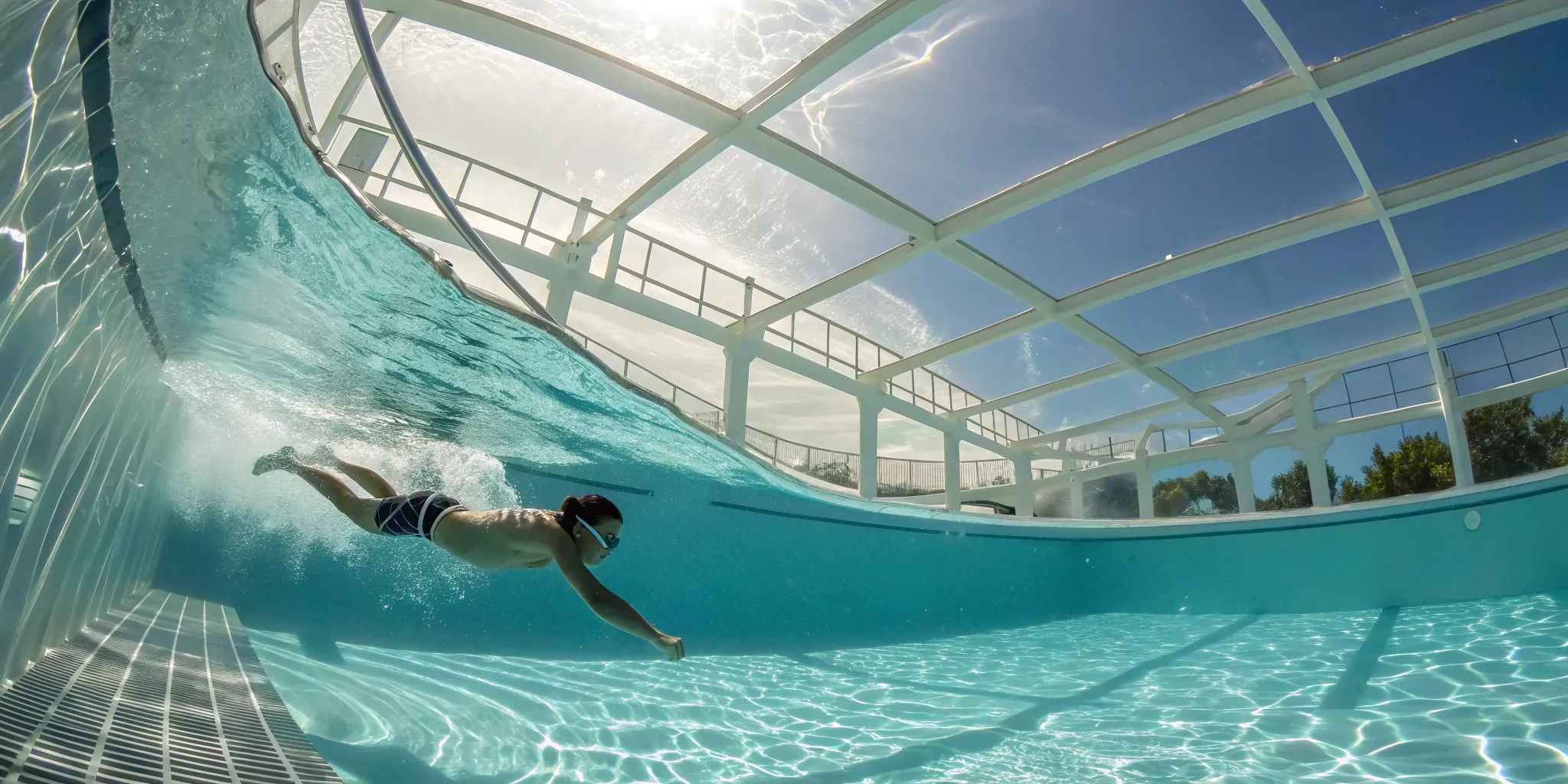 Advanced swimmer safety technology for waterparks monitoring a swimmer in a pool.