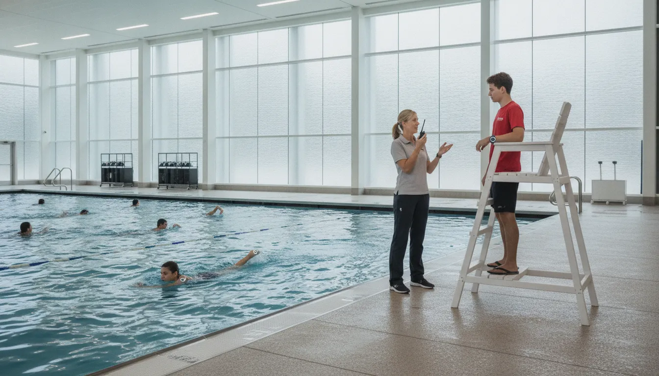 Aquatics staff coordinating safety alerts at a supervised pool