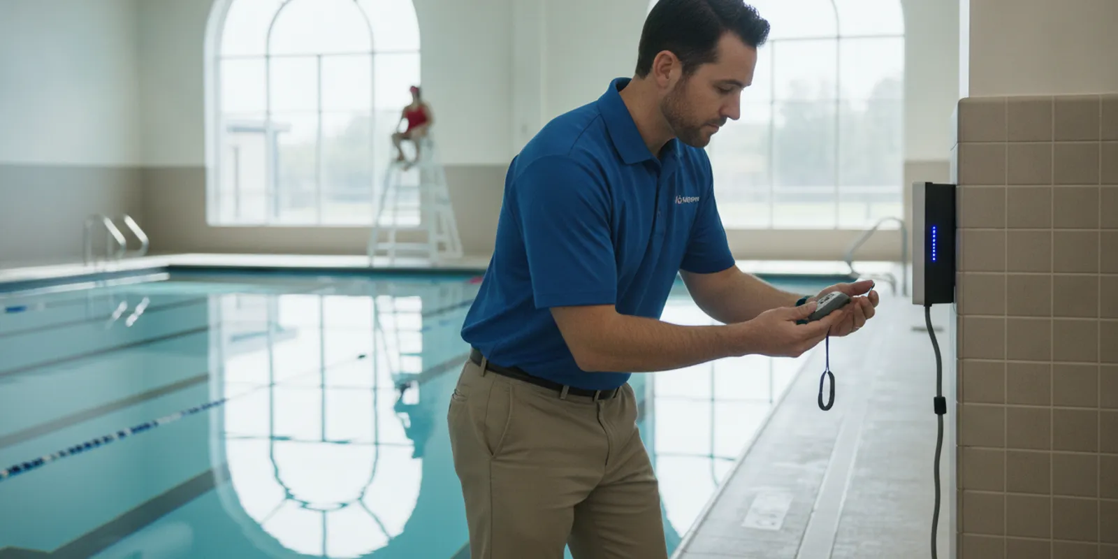 Aquatics staff member checking a swimmer safety wearable and alert equipment beside an indoor pool